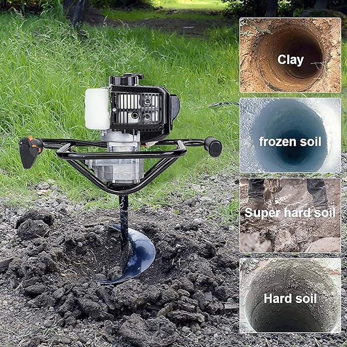 DC HOUSE 52cc 1800W Gas Powered Earth Auger EPA Certified Post Hole Digger, with 3 Drill Bits 4" 6" 8" and 3 Extension Rods 8" 12" 20", Mixing Ratio 30:1, for Fence, Farmland and Garden