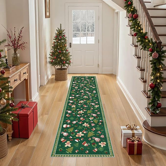 Christmas Runner Rug for Hallway: 2x8 Neutral Modern Festive Area Rug - Washable Low Pile Soft Thin Indoor Carpet for Bedroom Kitchen Laundryt Kids Room Holiday Decor - Red