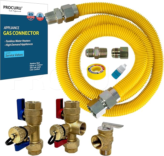 PROCURU 1" OD x 48" (4Ft) x 3/4"MIP x 3/4"FIP Flexible Gas Connector Kit with Service Valve Kit (FxF), WP Stainless Steel MaxFlow Tubing for Tankless Water Heater (Blue-D1 Series)