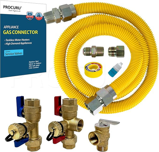 PROCURU 1" OD x 48" (4Ft) x 3/4"MIP x 3/4"FIP Flexible Gas Connector Kit with Service Valve Kit (FxF), WP Stainless Steel MaxFlow Tubing for Tankless Water Heater (Blue-D1 Series)