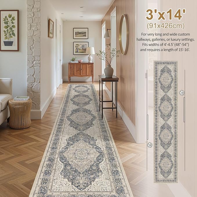 Washable 3x14 Hallway Runner Rug - Vintage Floral Stain & Fade Resistant Non-Slip Backing Ultra-Thin Long Carpet for Entryway, Bedroom, Kitchen, Corridor Decor(Blue/Beige)