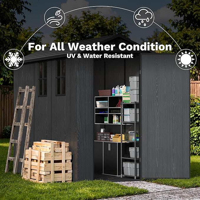 Devoko 4×8 FT Resin Outdoor Storage Shed, Garden Shed with Floor, Lockable Door and Two Windows, Waterproof Outside Plastic shed for Backyard Bike, Tools, Lawn Mower, Dark Grey