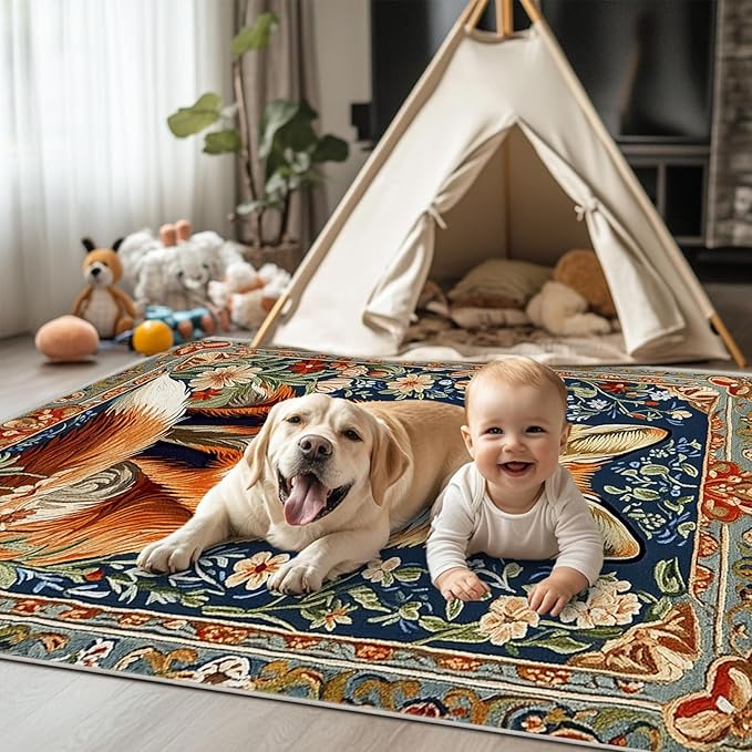 5x7 Fox Area Rugs Boho Floral Flower Rug for Living Room Indoor Soft Non-Slip Thin Large Carpet Vintage Rugs for Bedroom Home Decor Under Table Washable Machine