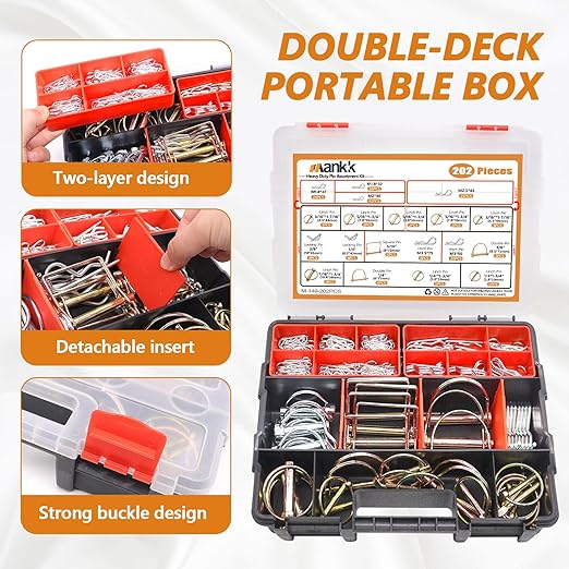 Mankk 202PCS Heavy Duty Hitch Pin Clip Assortment Kit - Tractor, Linch, PTO, R Clip, Hair Pins for Farm Tractors, Trailers, Trucks, Attachments, Lawn Mowers