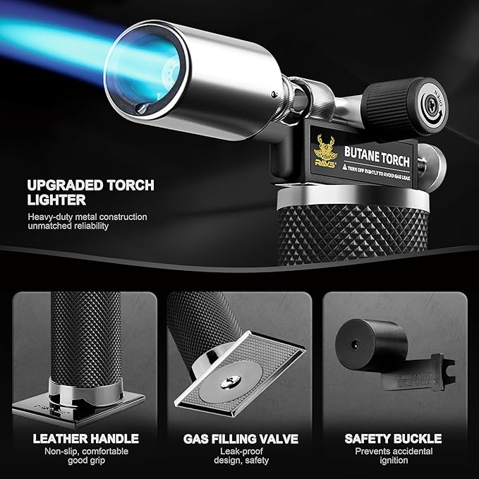 RAVS Butane Torch Lighter, Christmas Stocking Stuffers Gifts for Men He Dad, Kitchen Torch with Adjustable Flame, Creme Brulee Torch for Baking, BBQ, DIY, Black, Butane Gas Not Included