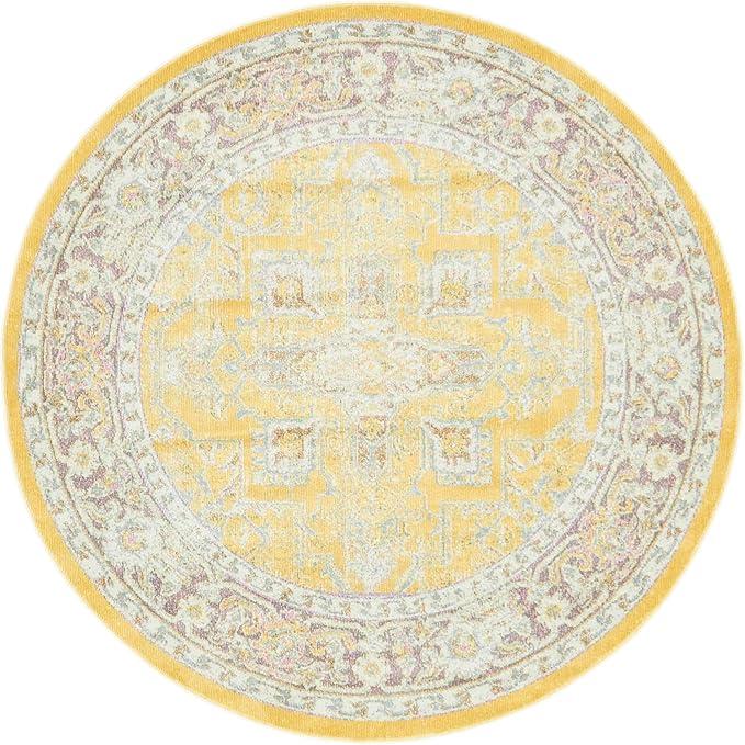 Unique Loom Baracoa Collection Area Rug - Prado (5' 5" Round, Yellow/ Ivory)