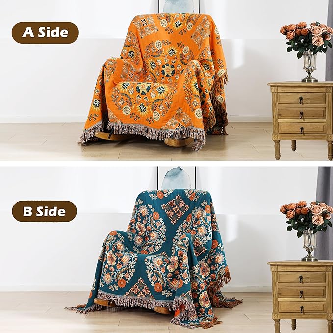 Boho Throw Blanket, 100% Cotton Muslin Breathable Soft Bed Throw - Floral Farmhouse Decor Blanket for Sofa Couch Chair and Gift. 60" x 80"- Orange