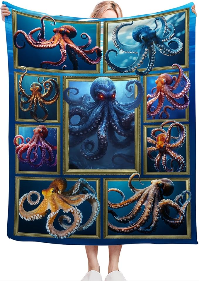 Octopus Throw Blanket - Ultra Soft Cozy Fleece Fuzzy Plush Octopus Lovers Decor Gift for Women, Girls & Adults - 60"x50"