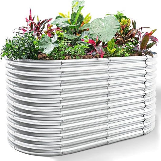 Land Guard 6x3x3ft Oval Galvanized Raised Garden Beds, Large-Capacity Metal Planter Box Outdoor, Durable Deep Raised Garden Bed 3ft Tall, Raised Beds for Gardening Vegetables, Classic Silver