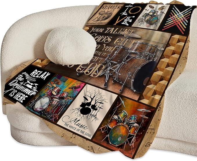 Rock Music Blanket Ultra Soft Cozy Drum Set Kit Throw Blanket Fleece Fuzzy Plush Bedding Vintage Musical Instrument Lovers Gifts for Women Girls Kids Adults 50"x40"