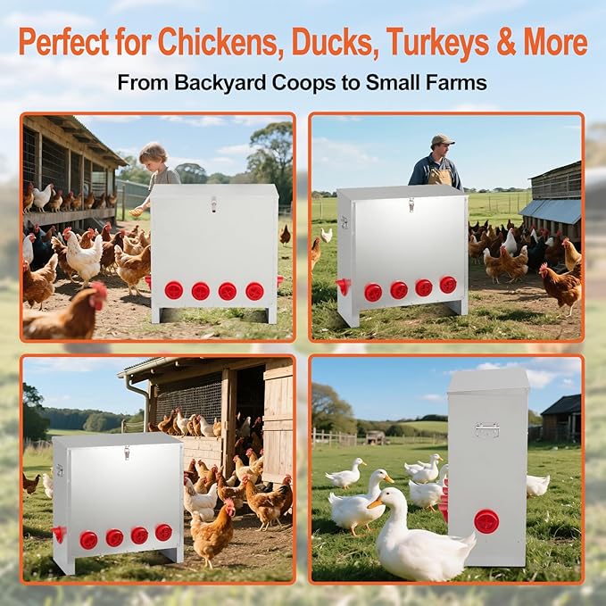 Large Automatic Chicken Feeder 85-120lbs, Galvanized Metal Chicken Food Dispenser, Rainproof & Rodent Proof No Waste Poultry Feeder for Backyard Coop, Farm, Ducks & Hens (6 Ports)