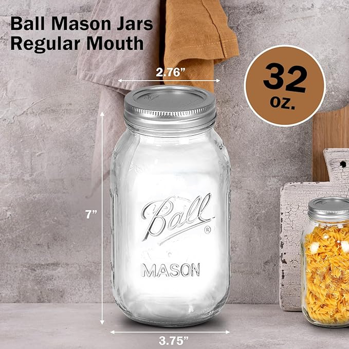 Ball Regular Mouth Mason Jars 32 oz. (4 Pack) - Quart Size Jars with Airtight Lids and Bands for Canning, Fermenting, Pickling, Meal Prep or DIY Decors and Projects Bundled with Peaknip Jar Opener