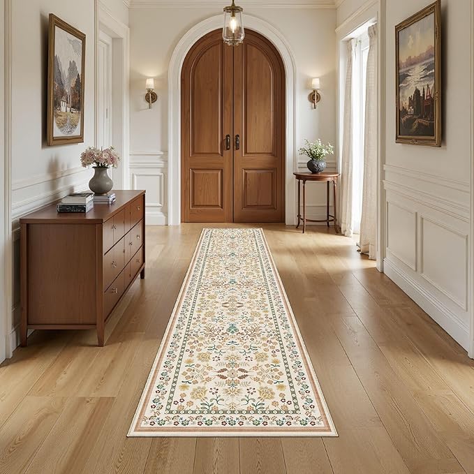 Runner Rug for Hallways Kitchen: 2x8 Washable Area Rug Boho Floral Soft Long Rug - Non-Slip Low Pile Throw Indoor Carpet for Entryway Kitchen Bedroom Laundry Bathroom - Brown