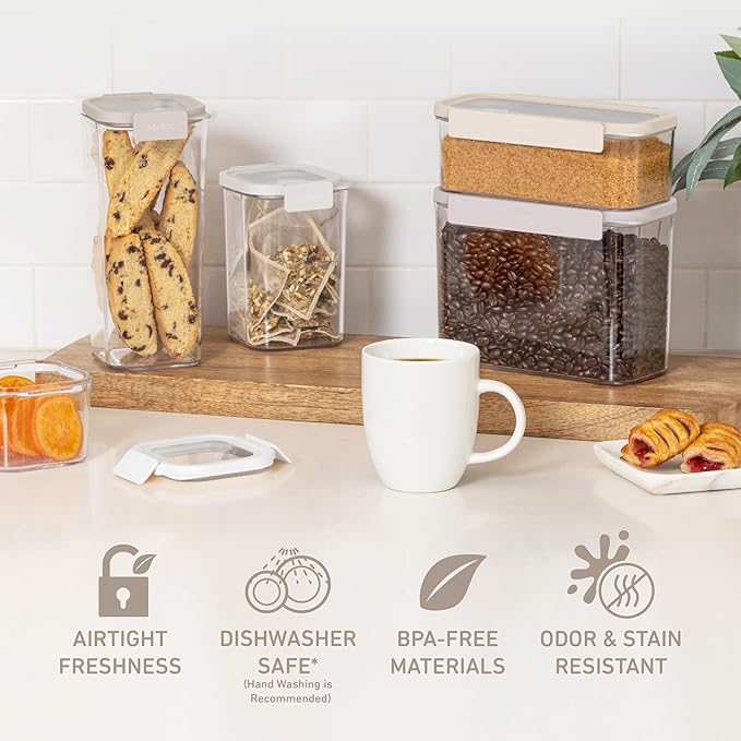 Bentgo Pantry - 10-Piece Airtight Food Storage Containers, Clear, Stackable Kitchen & Pantry Organization, Locking Lids for Freshness, BPA-Free Plastic - Ideal for Sugar, Flour, & More (White Stone)