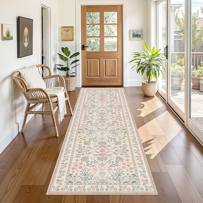 3x8 Runner Rug for Hallways Kitchen: 3x8 Washable Area Rug Boho Floral Soft Long Rug - Non-Slip Low Pile Throw Indoor Carpet for Entryway Kitchen Bedroom Laundry Bathroom- Pink