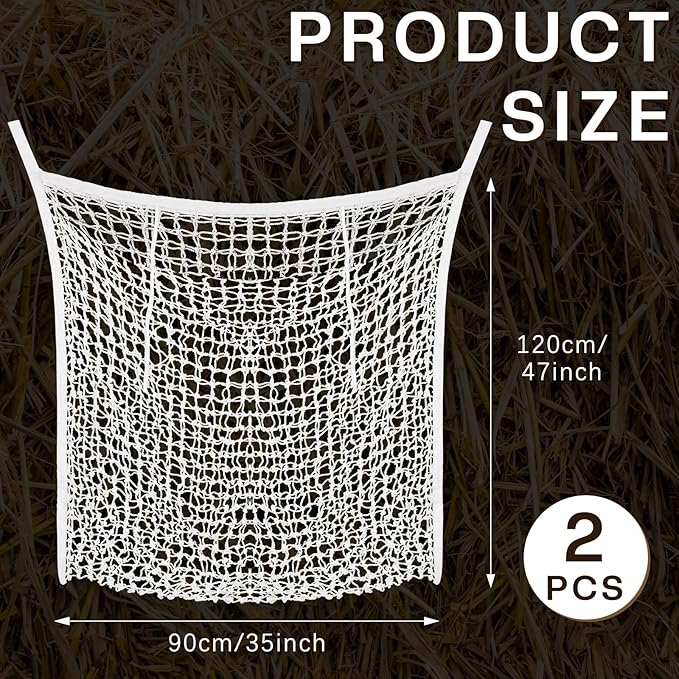 Fabbay 2 Pcs Slow Feed Hay Net Hay Feeder Bags for Horses Goat Stall Trailer Horse Feeding Supplies(35 x 47 Inch,White)