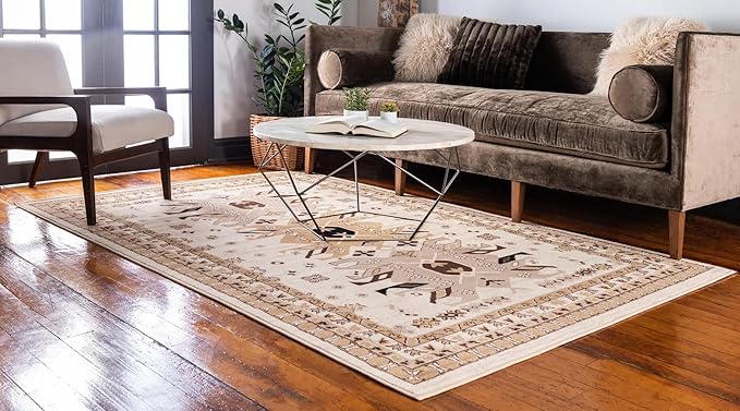 Unique Loom Taftan Collection Border Geometric Tribal Inspired Design Area Rug (5' 0 x 8' 0 Rectangular, Ivory/ Tan)
