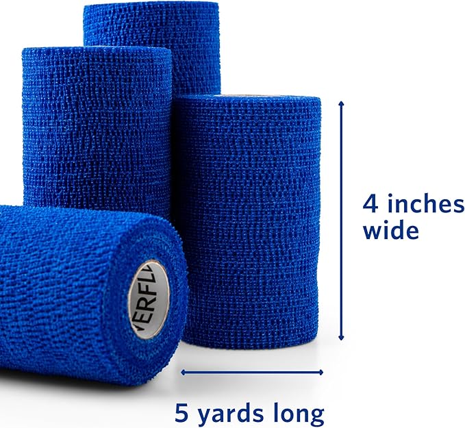 PowerFlex Equine – Extra Strong Self-Adhering Bandage Wrap – Wound Care, Compression & Support Bandage for Horses, Cows & Dogs – Blue, 4 inch, 4 Rolls (Resealable Case)