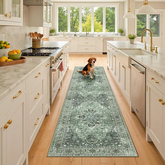Area Rugs 2'6''x8' Washable Non-Slip, Floral Vintage Distress Print Pattern Medallion Carpet for Living Room Bedroom Dining Room, Dark Green Gray