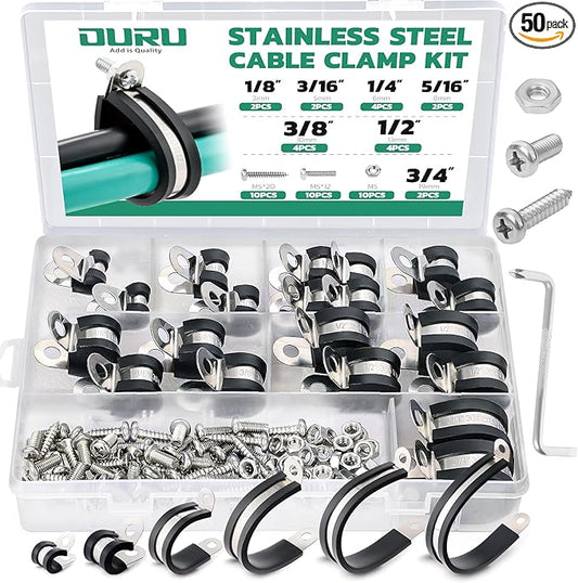 50PCS Cable Clamps with Screws Assortment Kit 304 Stainless Steel Rubber Coated Cushioned Insulated Cable Clamp,Automotive Wire Pipe Clamps 7 Sizes—1/8" 3/16" 1/4" 5/16" 3/8" 1/2" 3/4"
