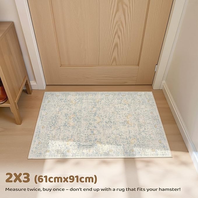 2x3 Area Rug Living Room Rugs - Washable Boho Vintage Floral Large Soft Non Slip Thin Rug Low Pile Carpet for Bedroom Dining Room Kids Playroom Office Decor Indoor- Light Blue
