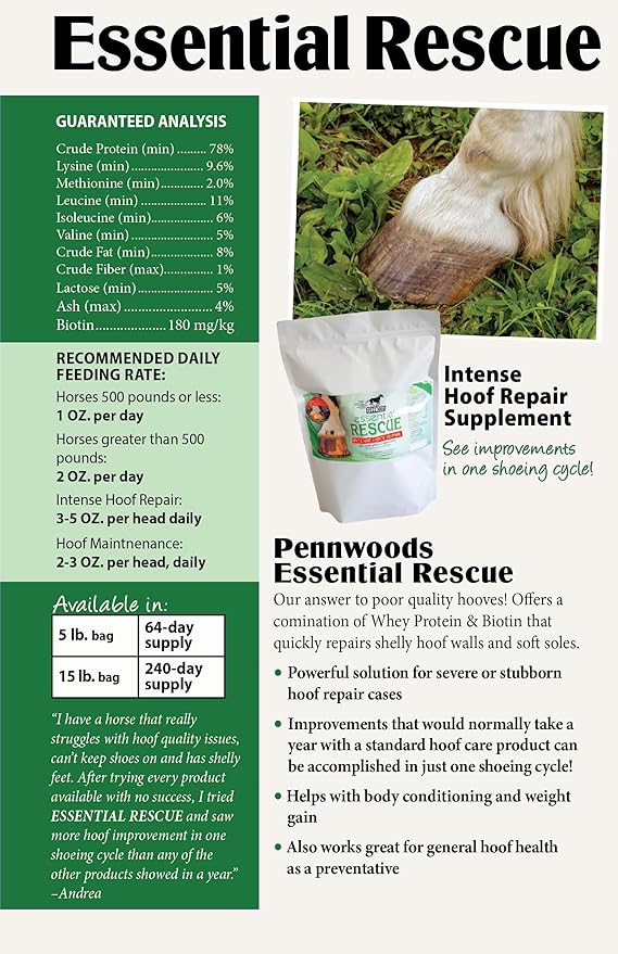 Pennwoods Essential Rescue, Hoof Supplements for Horses, Biotin & Whey Protein Formula, Weight Gain Horses, Horse Strength Supplement, 5 lbs Bag