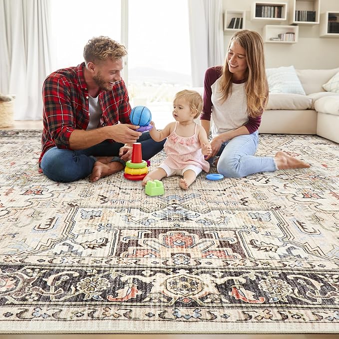 8x10 Area Rugs for Living Room - Large Carpet Ultra Thin Soft Washable Oriental Vintage Floral Distressed Big Indoor Carpets for Bedroom Nursery Dorm Home Decor Aesthetic - Multi