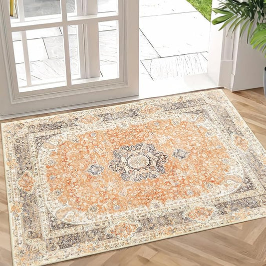 Small Rugs 2x3,Boho Rug for Entryway Bathroom Bedroom Kitchen Entrance Doormat,Vintage Bohemian Distressed Washable Accent Floor Throw Carpet Non Slip,Retro Orange Grey Floral