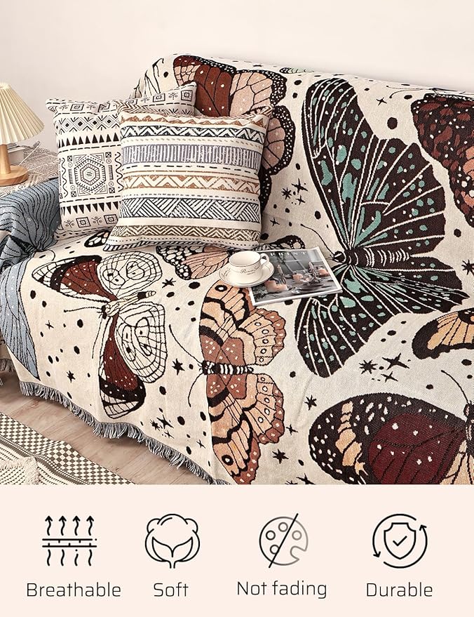 Boho Throw Blanket for Bed Couch Sofa Reversible Cotton Bohemian Travel Boho Quilt Mexican Muslin Blanket Tapestry Hippie Room Decor Outdoor Blanket Double Sided (Month Moth Print 60"x80")