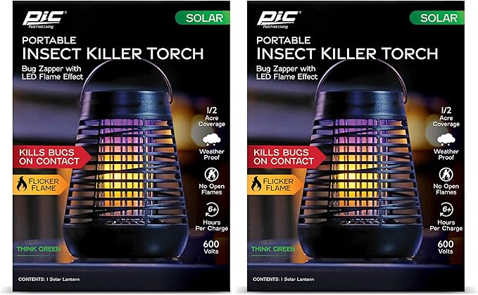 PIC Portable Solar Insect Killer Torch (FLPT), Bug Zapper and Flame Accent Light, Kills Bugs on Contact - Twin Pack