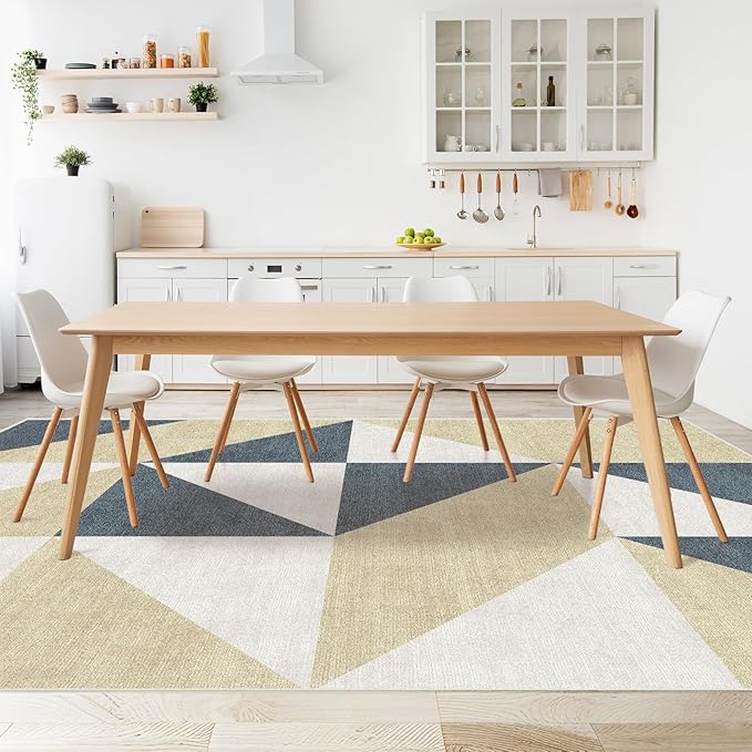 Blue and Gold Modern Geometric Living Room Area Rug 8x10 Abstract Large Soft Indoor Washable Neutral Low Pile Carpet for Bedroom Farmhouse Non Slip