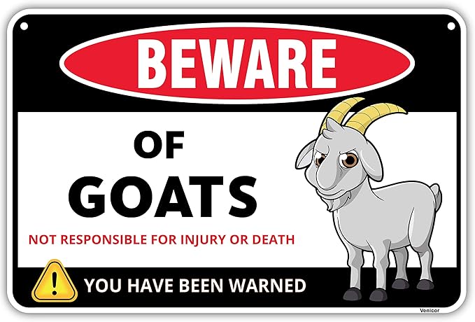 Venicor Beware of Goat Sign Decor - 8 x 12 Inches - Aluminum - Goat Gift For Goat Lovers Toy Supplies Stuff