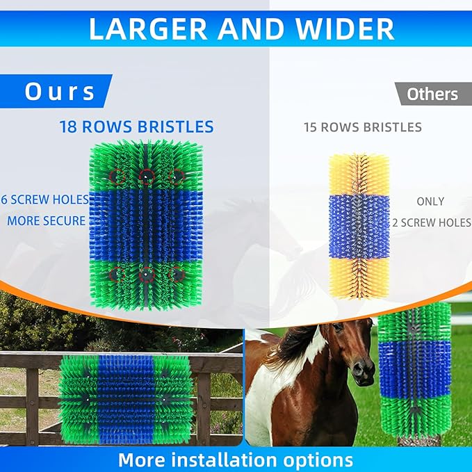 Extra Large Size Livestock Scratching Brush, Upgraded Horse/Goat/Cow/Cattle Scratcher Brush for Grooming, Itch Relief Horse Scratcher Brushes Kit with Two Sets of Mounting Screws(1-Pack,Green)