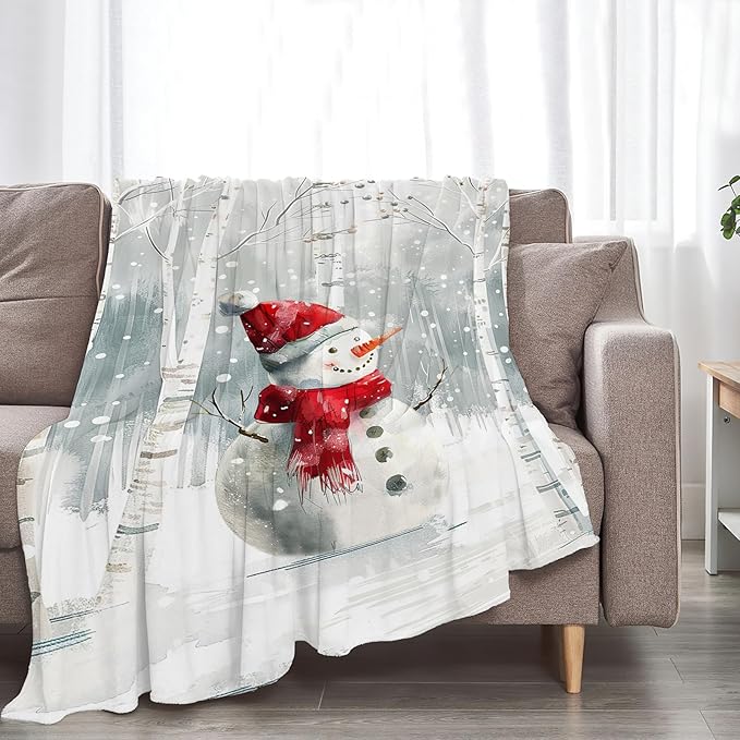 Snowman Blanket Ultra Soft Cozy Birch Tree Snowman Throw Blanket Fleece Fuzzy Plush Winter Christmas Blanket Decor Gifts for Women Girls Adults Couch Sofa 50"x40"