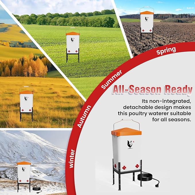 Heated Chicken Waterer, 3.2 Gallons Chickens Poultry Waterer with Nipples, Height Adjustable & Detachable Stand, All-Season Chicken Coop Waterers, Chicken Water Heater (12L, Oranger Cover)