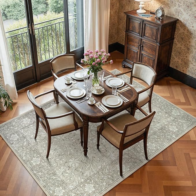 Collive 5x7 Area Rug, Washable Neutral Hand-Painted Floral Living Room Bedroom Rug, Vintage Distressed Boho Non Slip Low Pile Throw Carpet, Soft Retro Rugs for Dining Room Office, Taupe