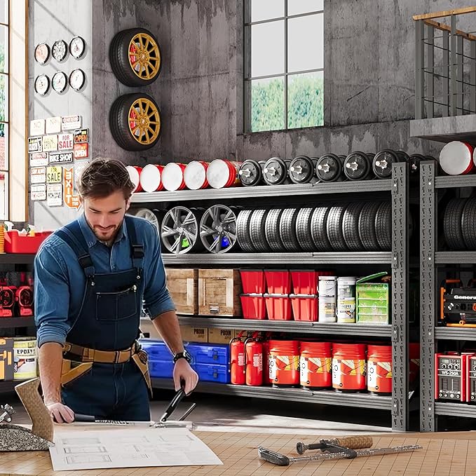 Set of 2 Storage Shelves, 48” Wide Heavy Duty Garage Shelving Units, 4 Tiers Rack Shelf, 24” Deep Steel Industrial Shelving, 3000LBS Adjustable Standing Shelf for Warehouse / Shop 48"W x 24"D x 70"H