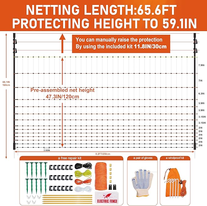 Poultry Electric Netting Fence - 47.3''H (can be Manually Raised to 59.1''H) x 65.6'L for Flying Chicken, Sheep, Goats in Farms, Ranches and Gardens, PK1