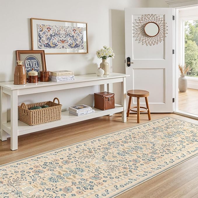 3x8 Runner Rug for Hallways Kitchen: 3x8 Washable Area Rug Boho Floral Soft Long Rug - Non-Slip Low Pile Throw Indoor Carpet for Entryway Kitchen Bedroom Laundry Bathroom- Multi Color
