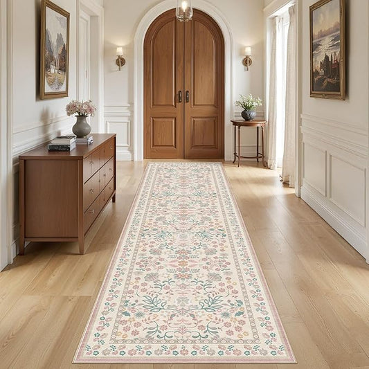 3x10 Runner Rug for Hallways Kitchen: 3x10 Washable Area Rug Boho Floral Soft Long Rug - Non-Slip Low Pile Throw Indoor Carpet for Entryway Kitchen Bedroom Laundry Bathroom- Pink