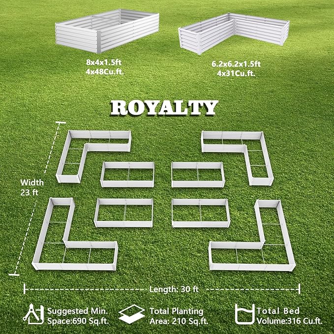 A ANLEOLIFE 8-Pack 8X4X1.5ft & 74x74x18 in Deep Root Galvanized Raised Garden Beds Outdoor for Planting Vegetables Flowers Herb, Antique White