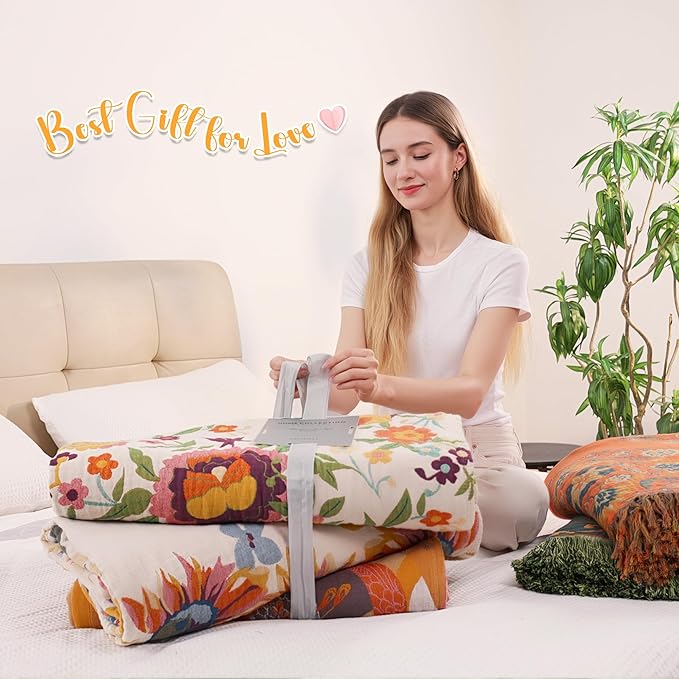 Boho Throw Blanket, 100% Organic Muslin Cotton Skin-friendly Breathable Ultra Soft Bed Quilt Throw - All Season Bohemian Decor Luxury Colorful Blanket for Sofa Couch Chair and Gift. 60" x 80"