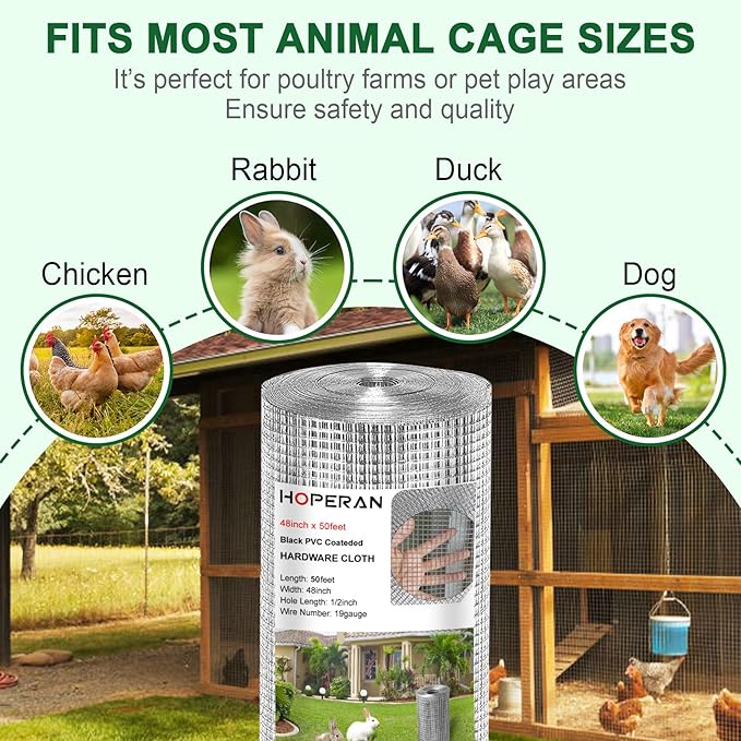 HOPERAN Hardware Cloth 1/2 Inch 48 x 50 ft - 19 Gauge Chicken Wire Fencing, Galvanized Wire Mesh Roll, Welded Wire Fence, Chicken Coop Wire Fence Gopher Wire Rabbit Wire Poultry Netting Cage