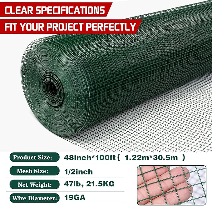 Hardware Cloth 1/2inx48inx100ft,Chicken Wire Fencing Vinyl PVC Coated welded wire mesh Animal Coop Garden Plant for Rabbit, Snake,rodents,Foxes,Groundhogs，Poultry Netting Cage Farm Protection
