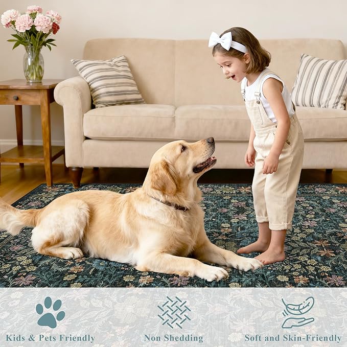 DUKINO 2x3 Entryway Rug, Floral Washable Area Rug with Non Slip Indoor Door Mat, Vintage Low Pile Small Front Door Throw Carpet for Kitchen, Entrance, Bathroom, Bedroom, Blue
