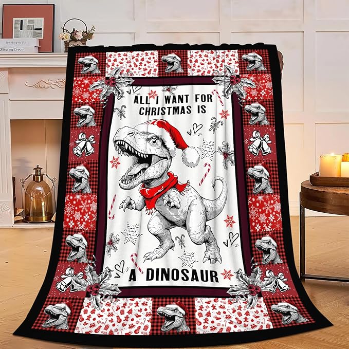 Mudiwa Christmas Dinosaur Blanket Cute Dinosaur Flannel Plush Throw Blanket Cozy Dinosaur Decor Fleece Bedding Stuff Blanket Gifts for Dinosaur Lover Girls Boys Kids Adults Women Bed Travel 50"x60"