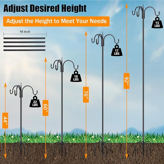 FEED GARDEN 92 Inch Adjustable Shepherd Hook with Squirrel Baffles Heavy Duty Garden Hooks 5-Prong Base Bird Feeder Pole with Three Hooks for Hanging Plant Baskets Solar Lights Lanterns