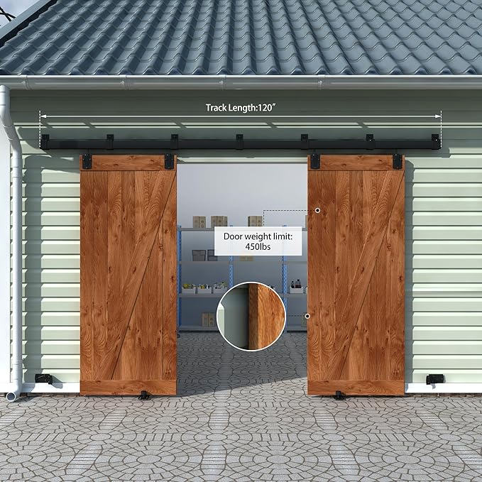 10FT Black Box Rail Exterior Barn Door Hardware Track Kit for 2 Doors, Heavy Duty Barn Door Track Set, Wall Mount Outdoor Weatherproof Double Door Hardware with 7 Track Brackets(No Doors）