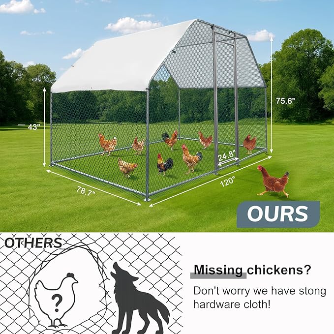 VINGLI Chicken Coop, Large Metal Poultry Cage for Chicken Run, Walk-in Chicken Pen with Waterproof & Anti-UV Cover Outdoor (Silver-Flat Roof, 6.5 * 9.8 * 6.5 ft)