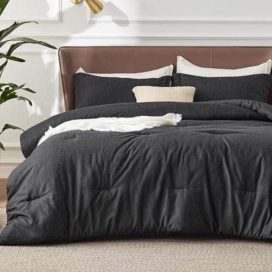 Bedsure Full Comforter Set - Black Soft Bedding for All Seasons, Cationic Dyed Bed Set, 3 Pieces, 1 Full Size Comforter (82"x86") and 2 Pillow Shams (20"x26"+2")